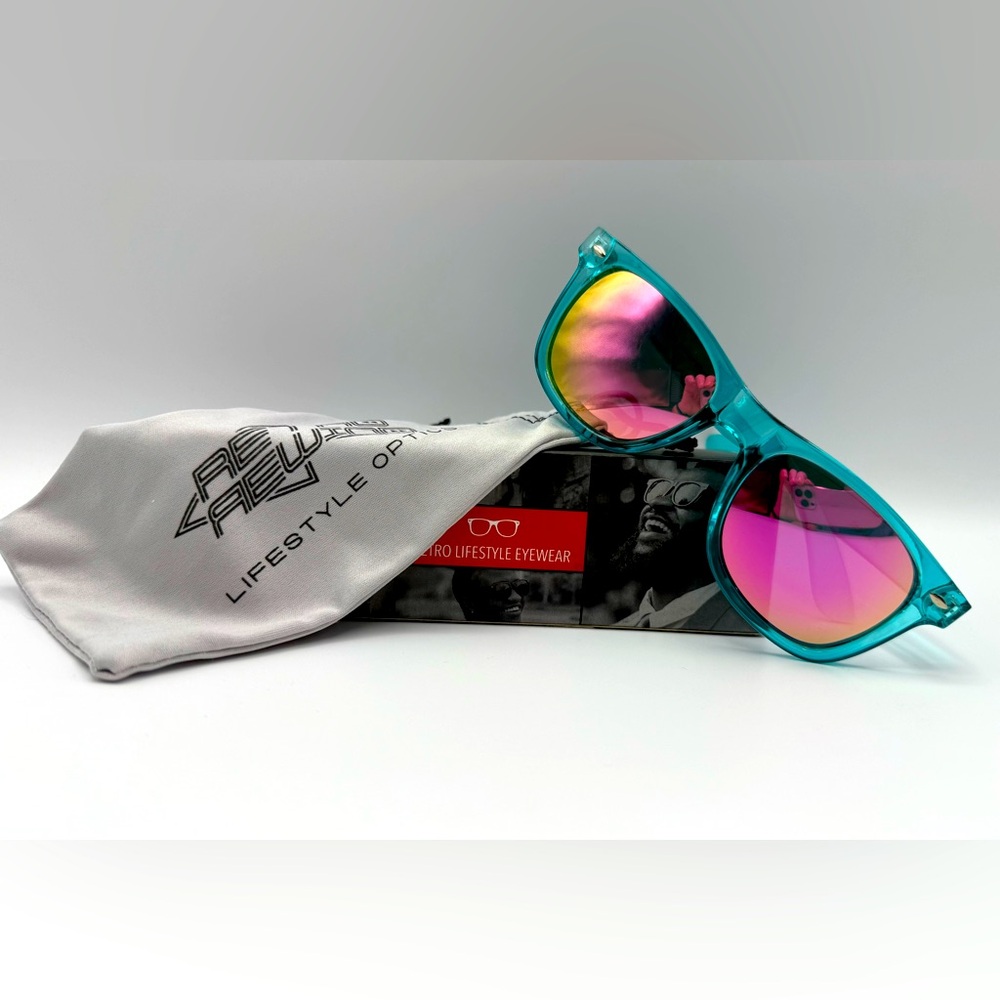 New Retro Rewind Translucent Frame Blue Neon 80s Mirrored Sunglasses
